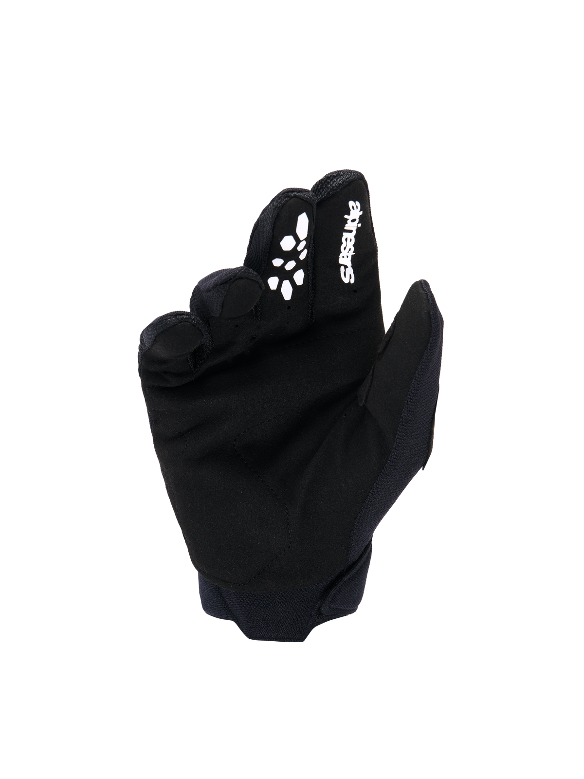 Alpinestars Youth & Kids Full Bore V2 handsker, motocross-handsker, sort og hvid, håndfladevisning der viser syntetisk ruskindsmateriale, hvidt Alpinestars-logo og silikoneprintet greb på pegefingeren, holdbart off-road racerudstyr