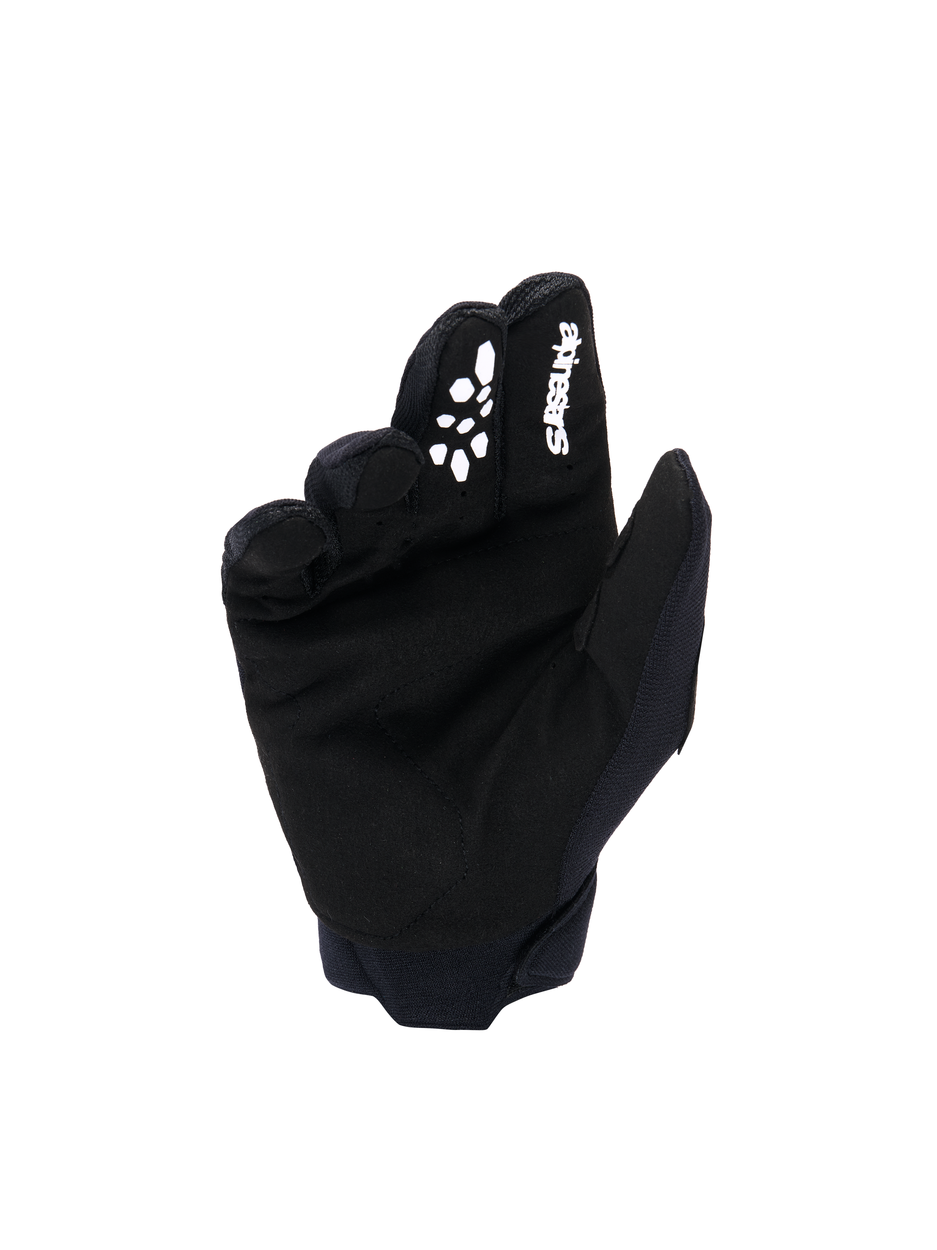 Alpinestars Youth & Kids Full Bore V2 handsker, motocross-handsker, sort og hvid, håndfladevisning der viser syntetisk ruskindsmateriale, hvidt Alpinestars-logo og silikoneprintet greb på pegefingeren, holdbart off-road racerudstyr