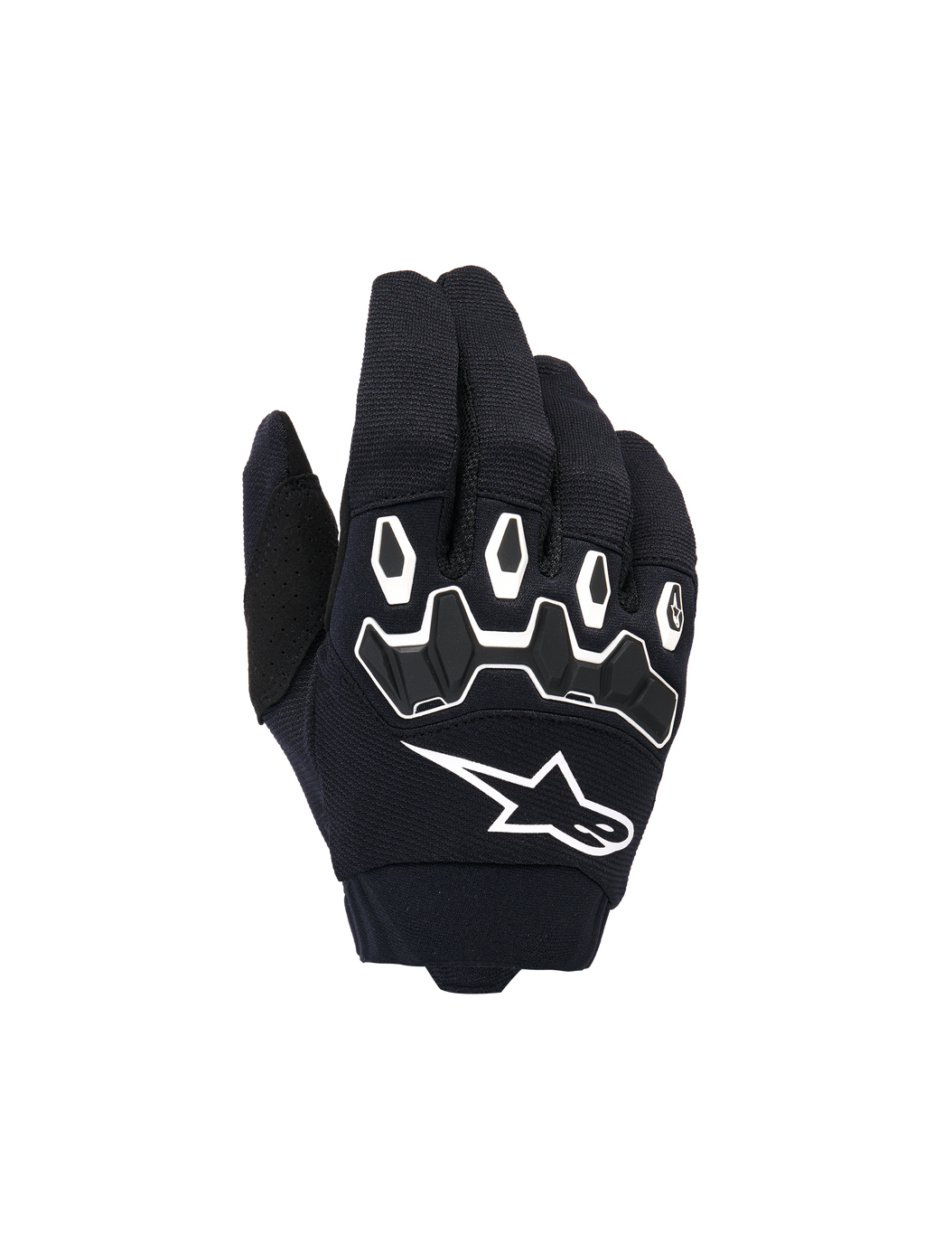 Alpinestars Youth & Kids Full Bore V2 handsker, motocrosshandsker, sort og hvid, med ergonomisk TPR-knobeskyttelse med hvide konturer, stort hvidt Alpinestars-logo, åndbar tekstilkonstruktion til off-road kørsel