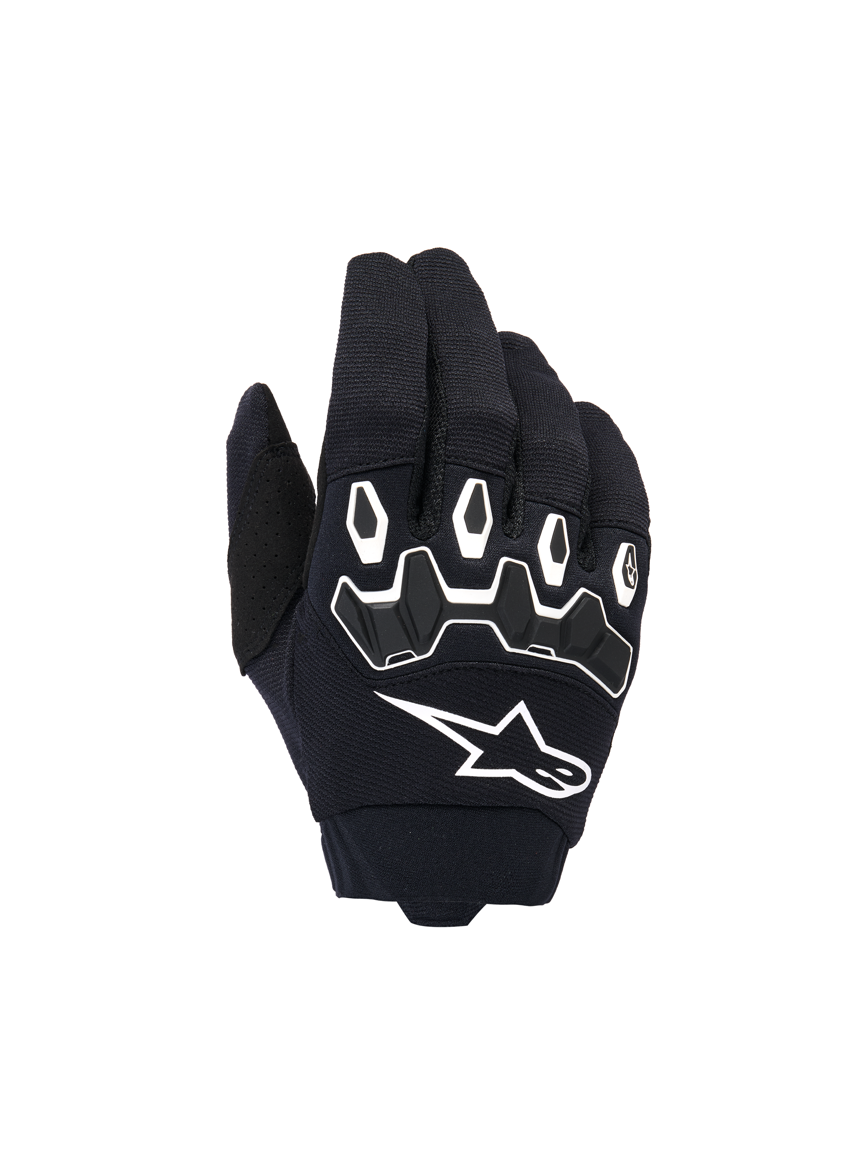 Alpinestars Youth & Kids Full Bore V2 handsker, motocrosshandsker, sort og hvid, med ergonomisk TPR-knobeskyttelse med hvide konturer, stort hvidt Alpinestars-logo, åndbar tekstilkonstruktion til off-road kørsel