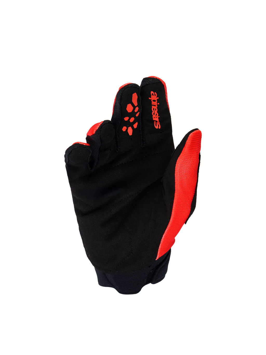 Alpinestars Youth & Kids Full Bore V2 handsker, motocrosshandsker, klar rød og sort, håndfladevisning med forstærket sort syntetisk ruskind og rødt silikone-grebmønster på fingrene, holdbart off-road udstyr til unge kørere