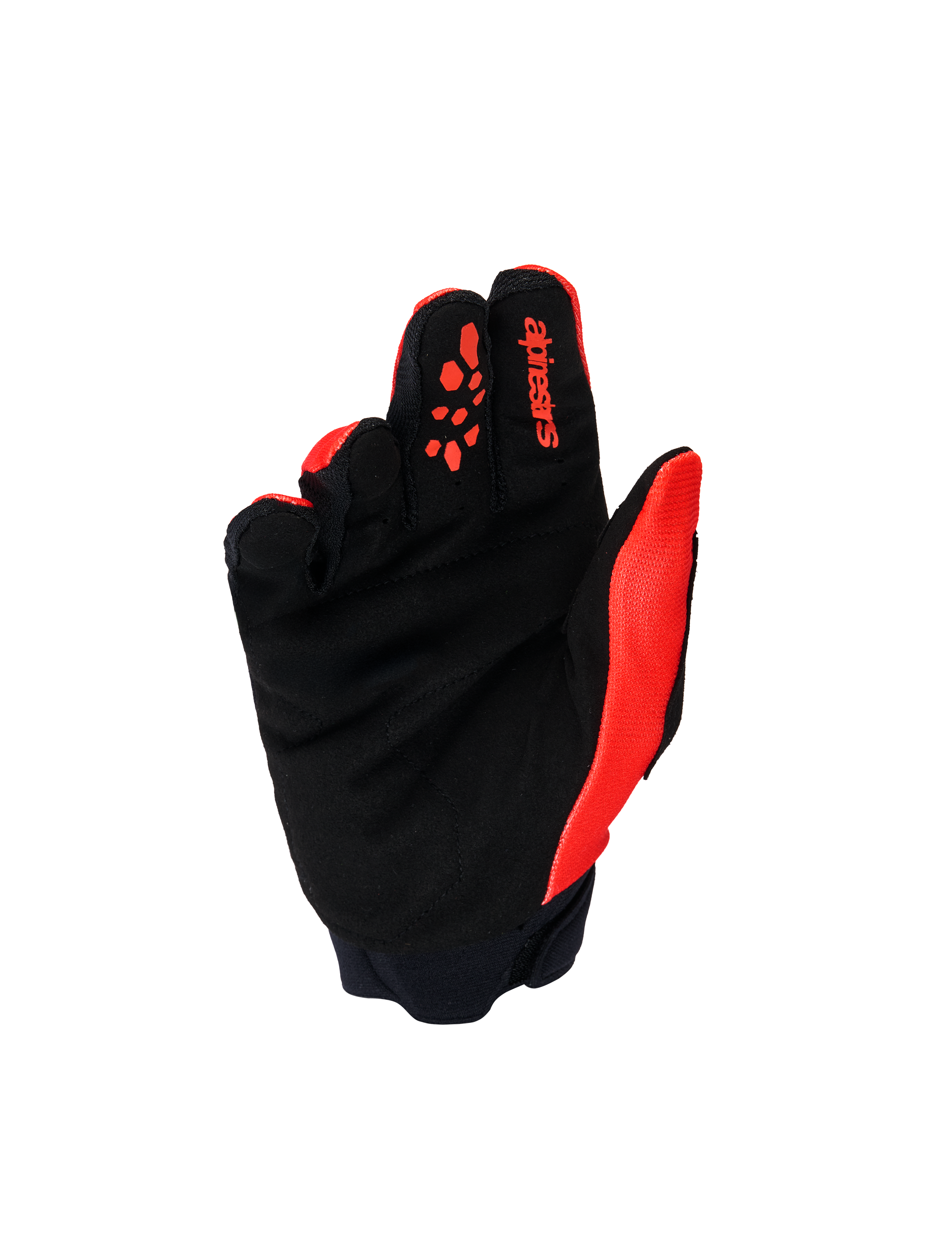 Alpinestars Youth & Kids Full Bore V2 handsker, motocrosshandsker, klar rød og sort, håndfladevisning med forstærket sort syntetisk ruskind og rødt silikone-grebmønster på fingrene, holdbart off-road udstyr til unge kørere