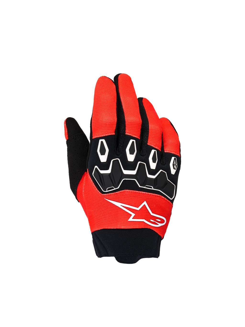 Alpinestars Youth & Kids Full Bore V2 handsker, motocross-handsker, klar rød og sort, set fra oven med sorte TPR-knobeskyttere med hvide detaljer og hvidt Astar-logo, slidstærkt tekstildesign til off-road kørsel