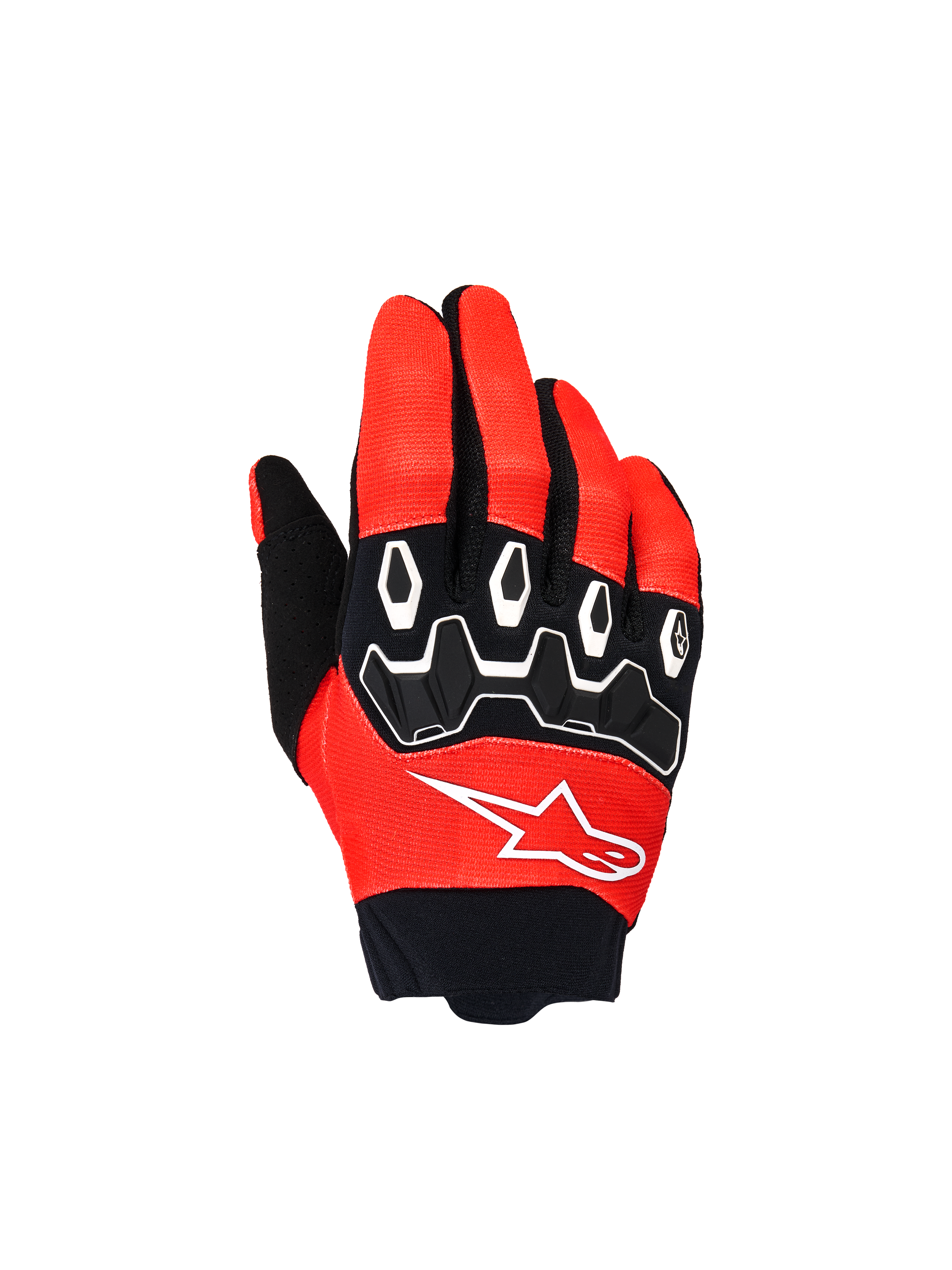 Alpinestars Youth & Kids Full Bore V2 handsker, motocross-handsker, klar rød og sort, set fra oven med sorte TPR-knobeskyttere med hvide detaljer og hvidt Astar-logo, slidstærkt tekstildesign til off-road kørsel