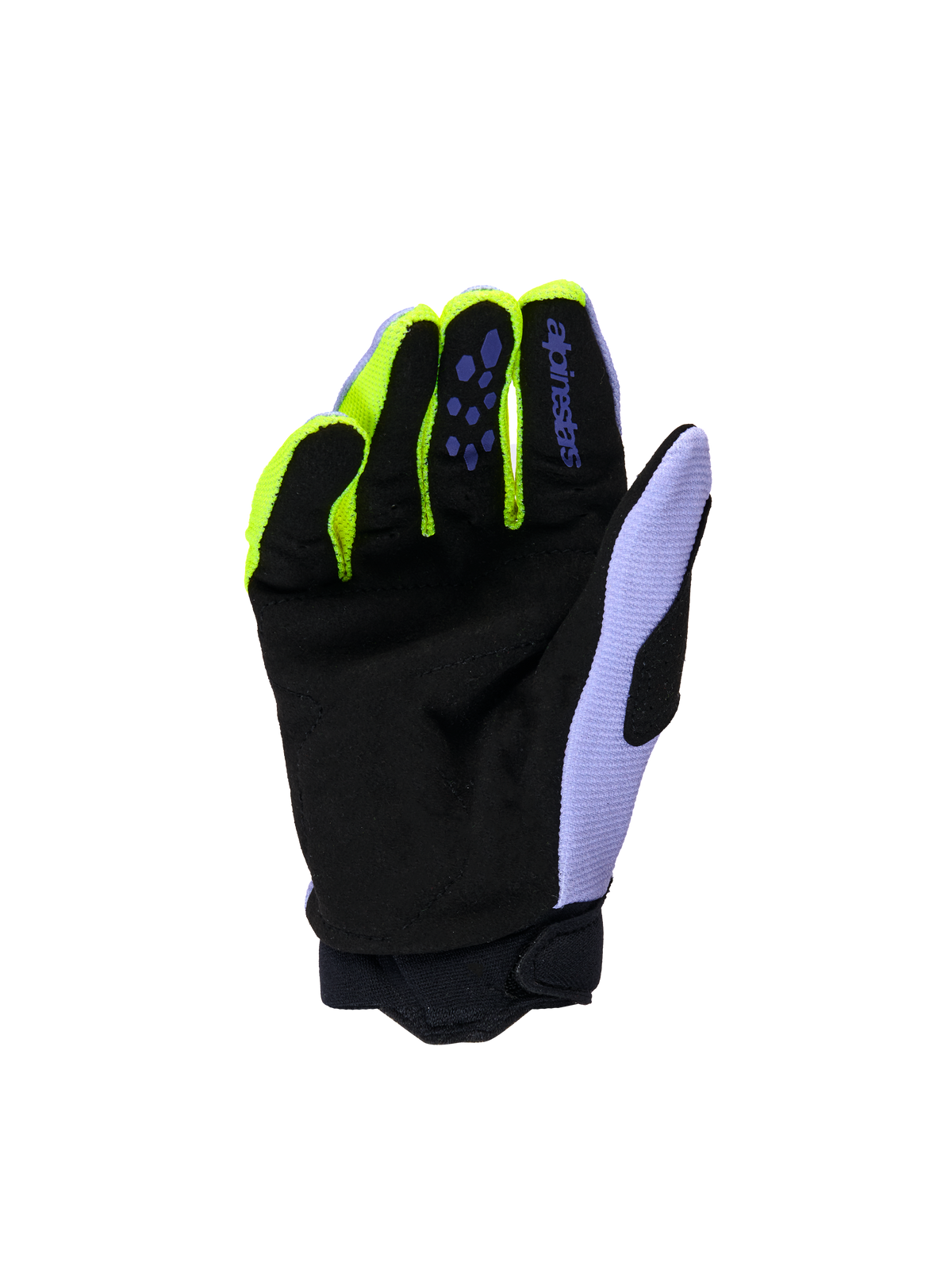 Alpinestars Youth & Kids Full Bore V2 handsker, motocross-handsker, Purple Yellow Fluo, håndfladevisning med sort forstærket syntetisk ruskind, neongule fingerdetaljer og lavendelfarvet tommelfingerpanel, holdbar konstruktion til unge off-road-kørere