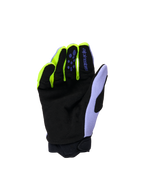 Alpinestars Youth & Kids Full Bore V2 handsker, motocross-handsker, Purple Yellow Fluo, håndfladevisning med sort forstærket syntetisk ruskind, neongule fingerdetaljer og lavendelfarvet tommelfingerpanel, holdbar konstruktion til unge off-road-kørere