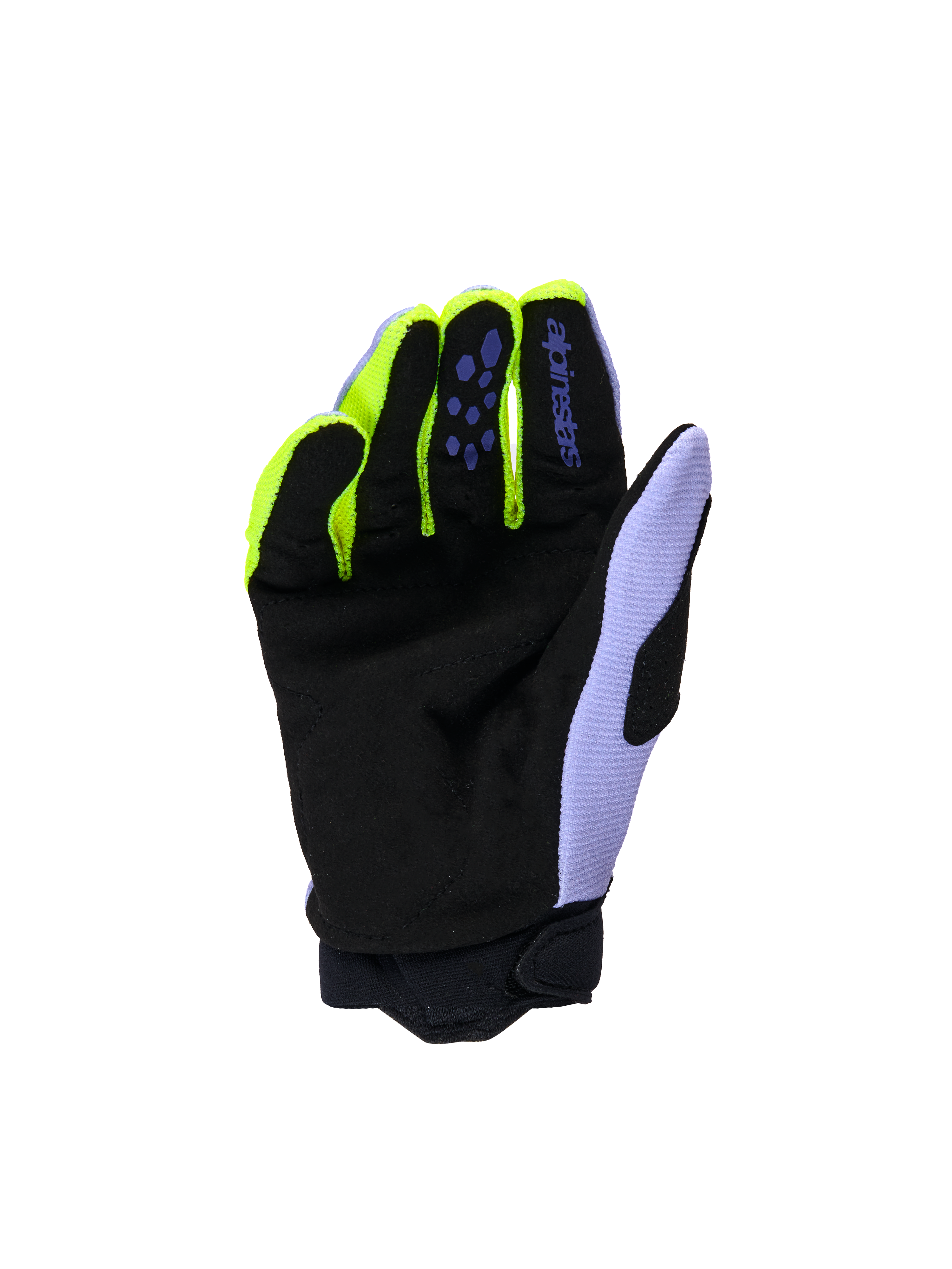Alpinestars Youth & Kids Full Bore V2 handsker, motocross-handsker, Purple Yellow Fluo, håndfladevisning med sort forstærket syntetisk ruskind, neongule fingerdetaljer og lavendelfarvet tommelfingerpanel, holdbar konstruktion til unge off-road-kørere