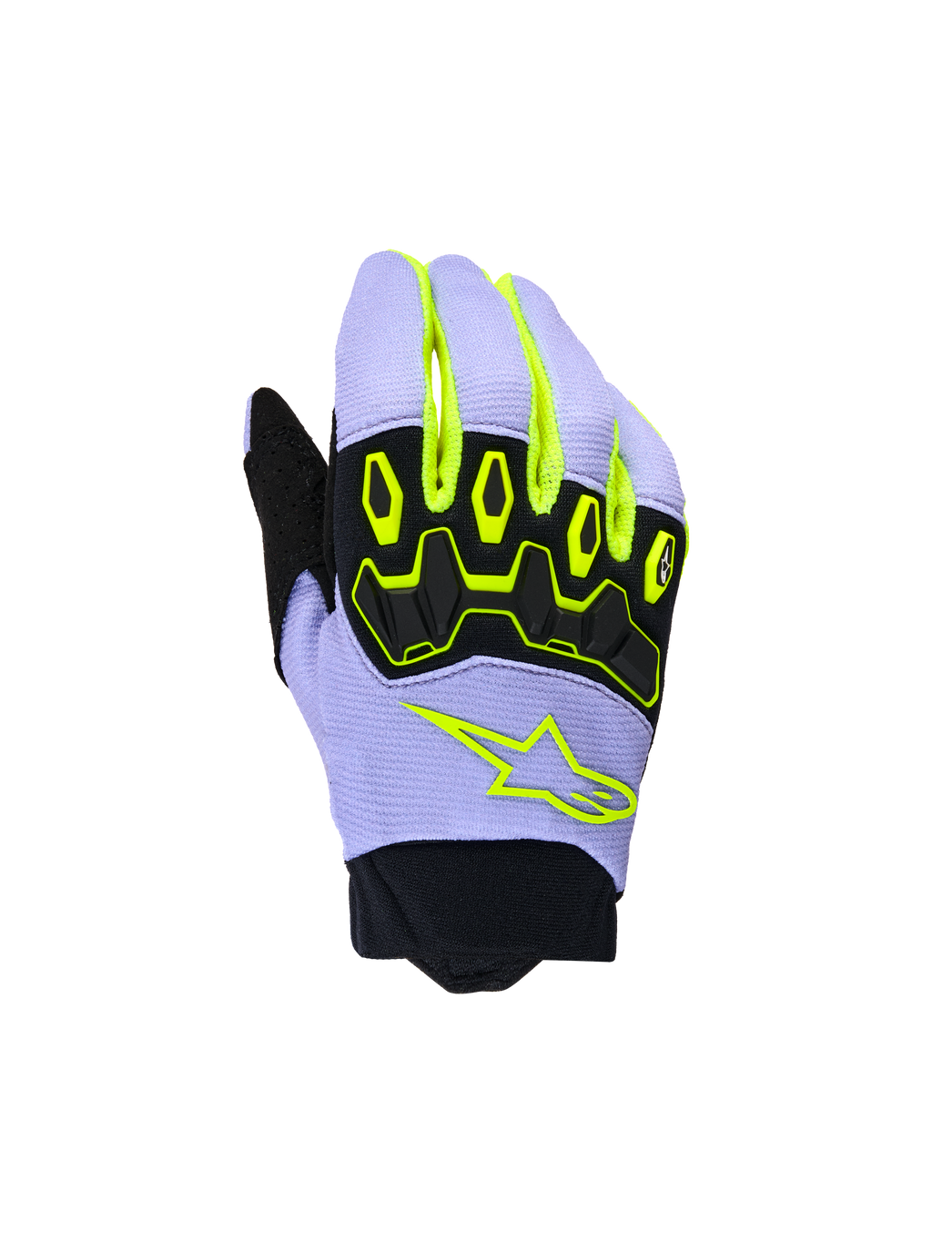 Alpinestars Youth & Kids Full Bore V2 handsker, motocross-handsker, lilla og neongul, med sort TPR-knobeskyttelse og neongult Alpinestars-stjernelogo, åndbar konstruktion med neoprenmanchet, sporty off-road-design