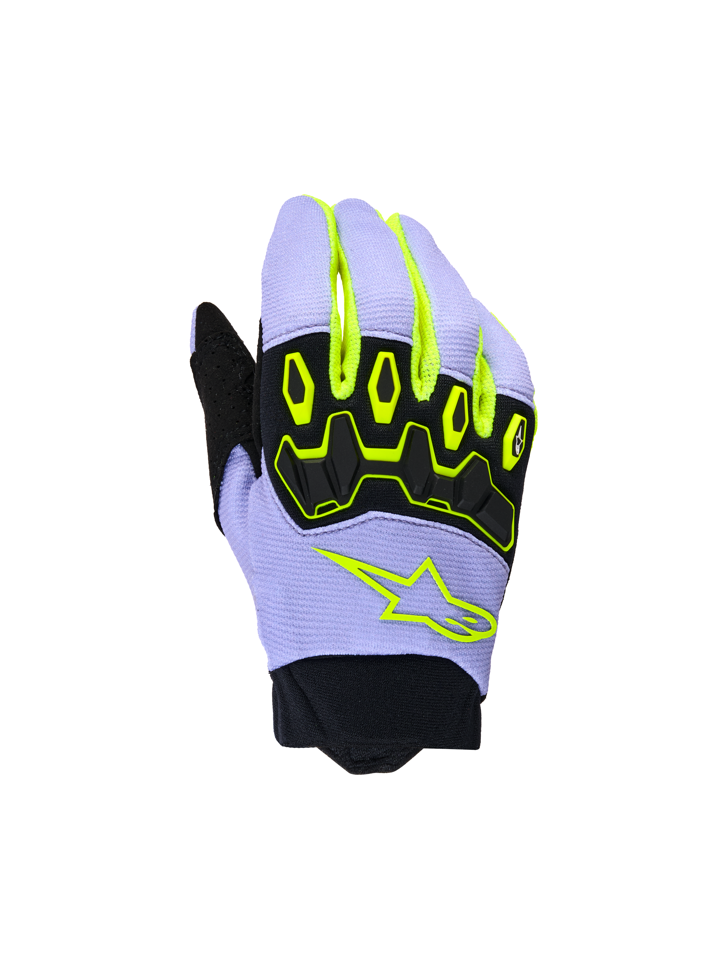Alpinestars Youth & Kids Full Bore V2 handsker, motocross-handsker, lilla og neongul, med sort TPR-knobeskyttelse og neongult Alpinestars-stjernelogo, åndbar konstruktion med neoprenmanchet, sporty off-road-design