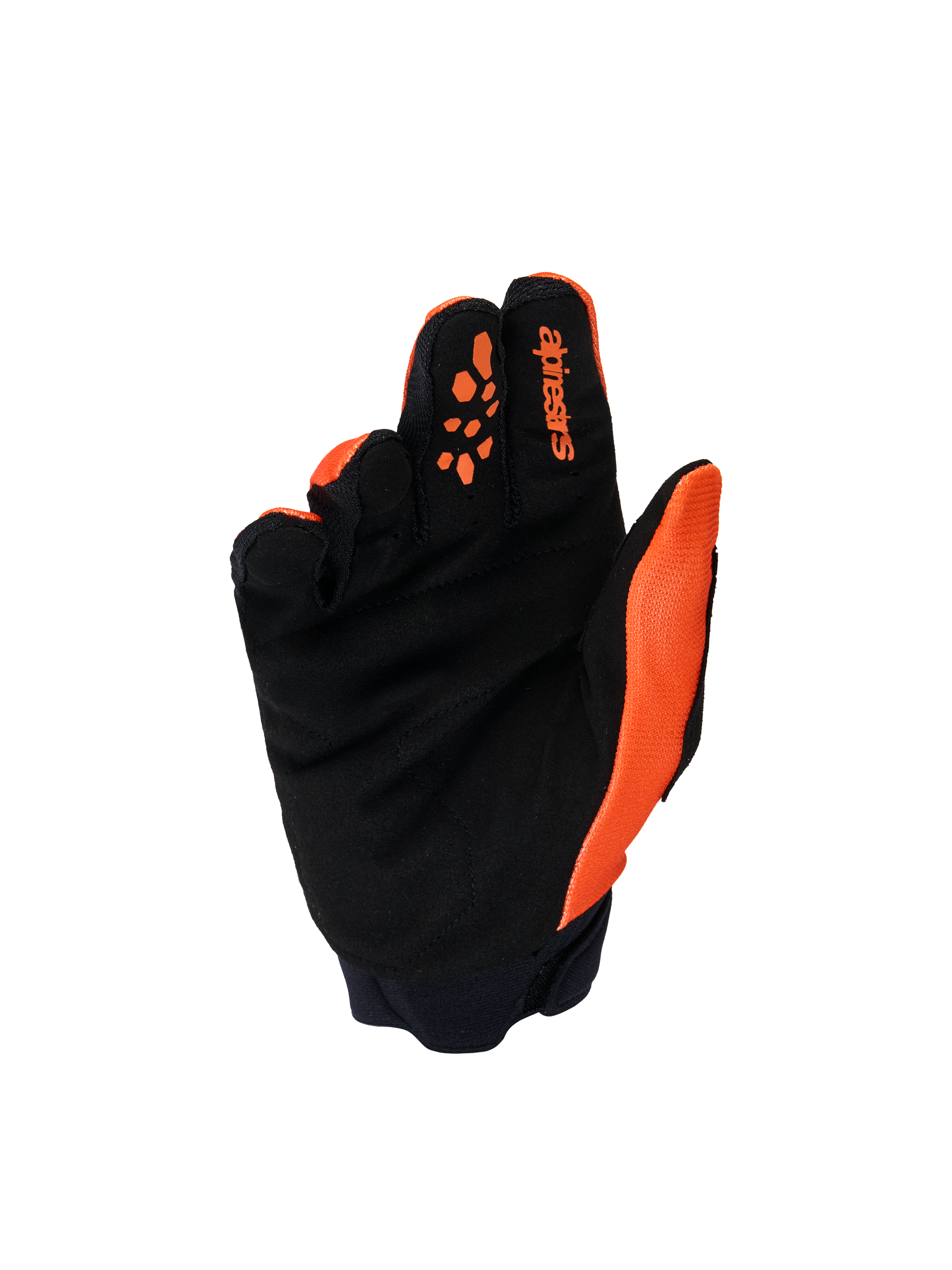 Alpinestars Youth & Kids Full Bore V2 handsker, motocross-handsker, orange og sort, håndfladevisning med forstærket syntetisk ruskind, silikoneprint på fingrene for optimal kontrol, Alpinestars-branding på pegefingeren.