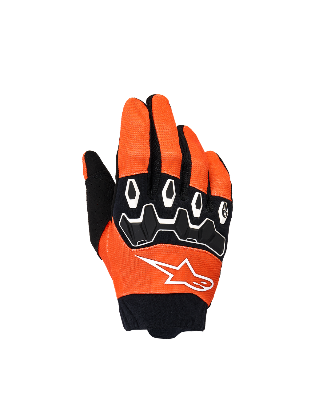 Alpinestars Youth & Kids Full Bore V2 handsker, motocross-handsker, orange, hvid og sort, med sort TPR-knobeskyttelse og hvide geometriske mønstre, hvidt stjernelogo og sort neoprenmanchet, terrænkørselsudstyr til unge