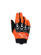 Alpinestars Youth & Kids Full Bore V2 handsker, motocross-handsker, orange, hvid og sort, med sort TPR-knobeskyttelse og hvide geometriske mønstre, hvidt stjernelogo og sort neoprenmanchet, terrænkørselsudstyr til unge