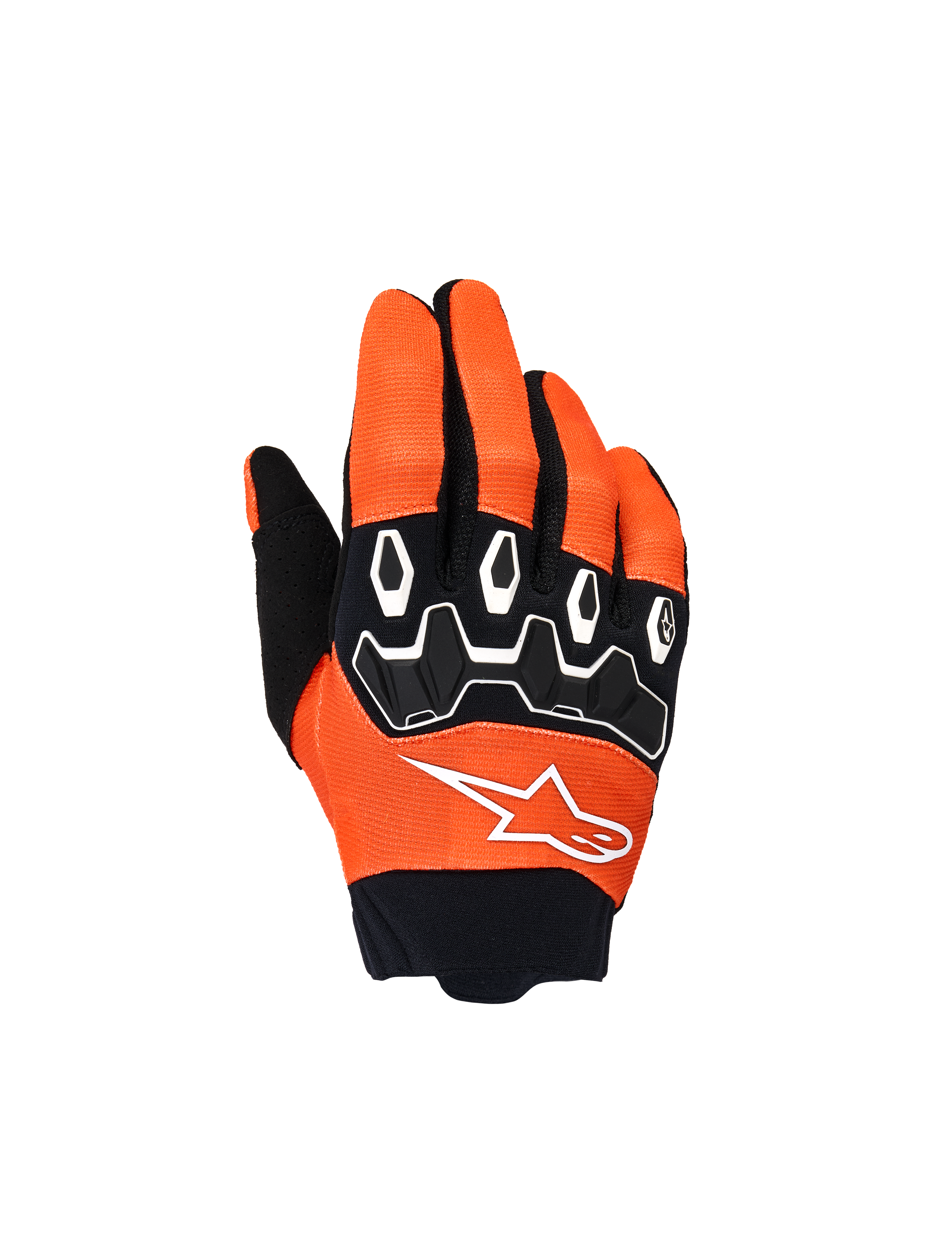 Alpinestars Youth & Kids Full Bore V2 handsker, motocross-handsker, orange, hvid og sort, med sort TPR-knobeskyttelse og hvide geometriske mønstre, hvidt stjernelogo og sort neoprenmanchet, terrænkørselsudstyr til unge