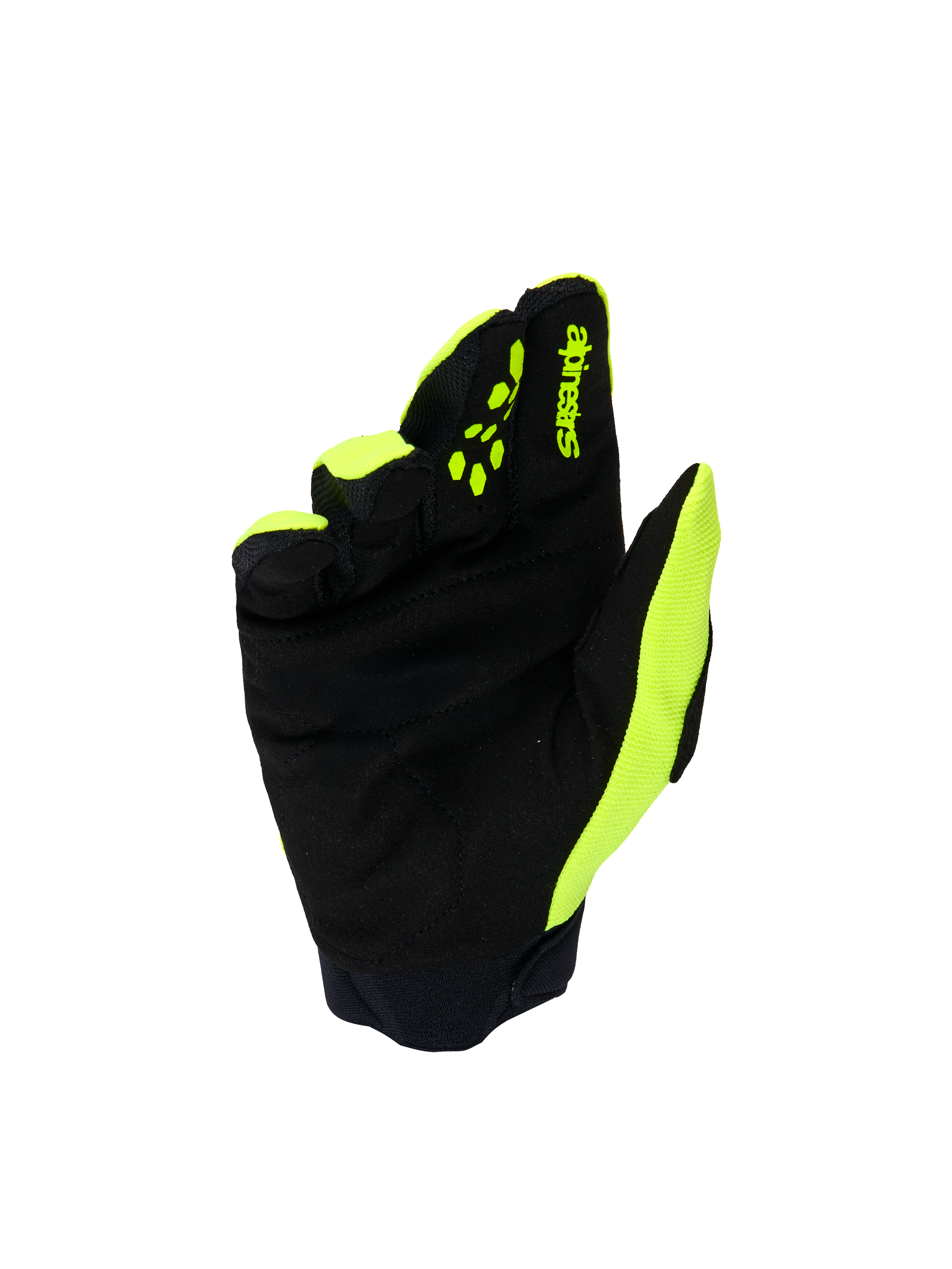 Alpinestars Youth & Kids Full Bore V2 handsker, motocross-handsker, gul fluo og sort, håndfladevisning der viser forstærket syntetisk ruskind, gule silikone-fingergreb til kontrol af greb, Alpinestars-branding, holdbar off-road beskyttelse