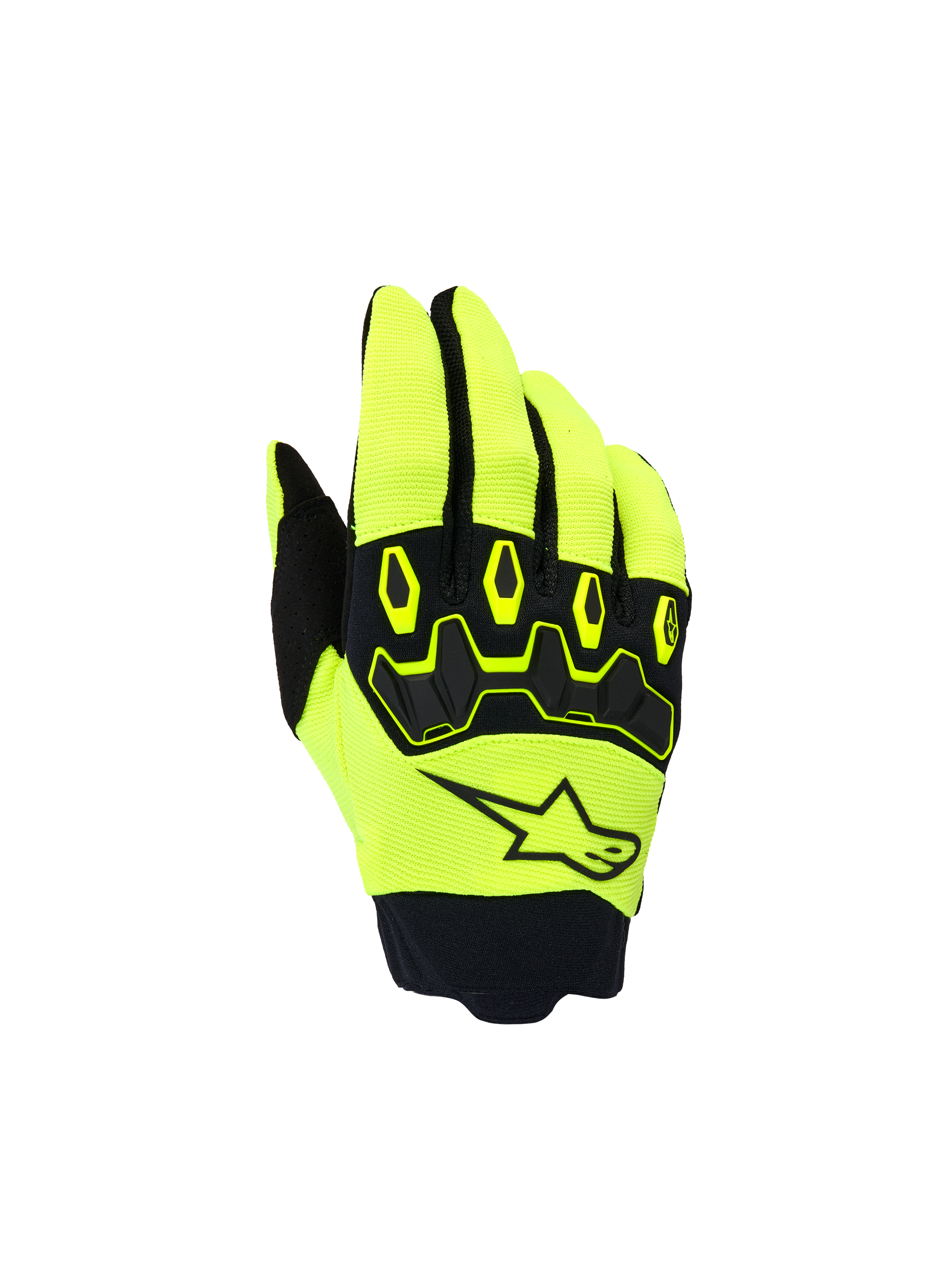 Alpinestars Youth & Kids Full Bore V2 handsker, motocrosshandsker til børn, neongul og sort, visning af håndryggen med sort stjerne-logo og ergonomisk TPR-knobeskytter, sporty design til off-road racing