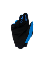 Alpinestars Youth & Kids Full Bore V2 handsker, motocrosshandsker, UCLA blå og sort, håndfladevisning med forstærket sort syntetisk ruskind og blå silikone-gripmønstre på fingrene, blåt Alpinestars-logo på pegefingeren, højtydende off-road-udstyr til unge kørere