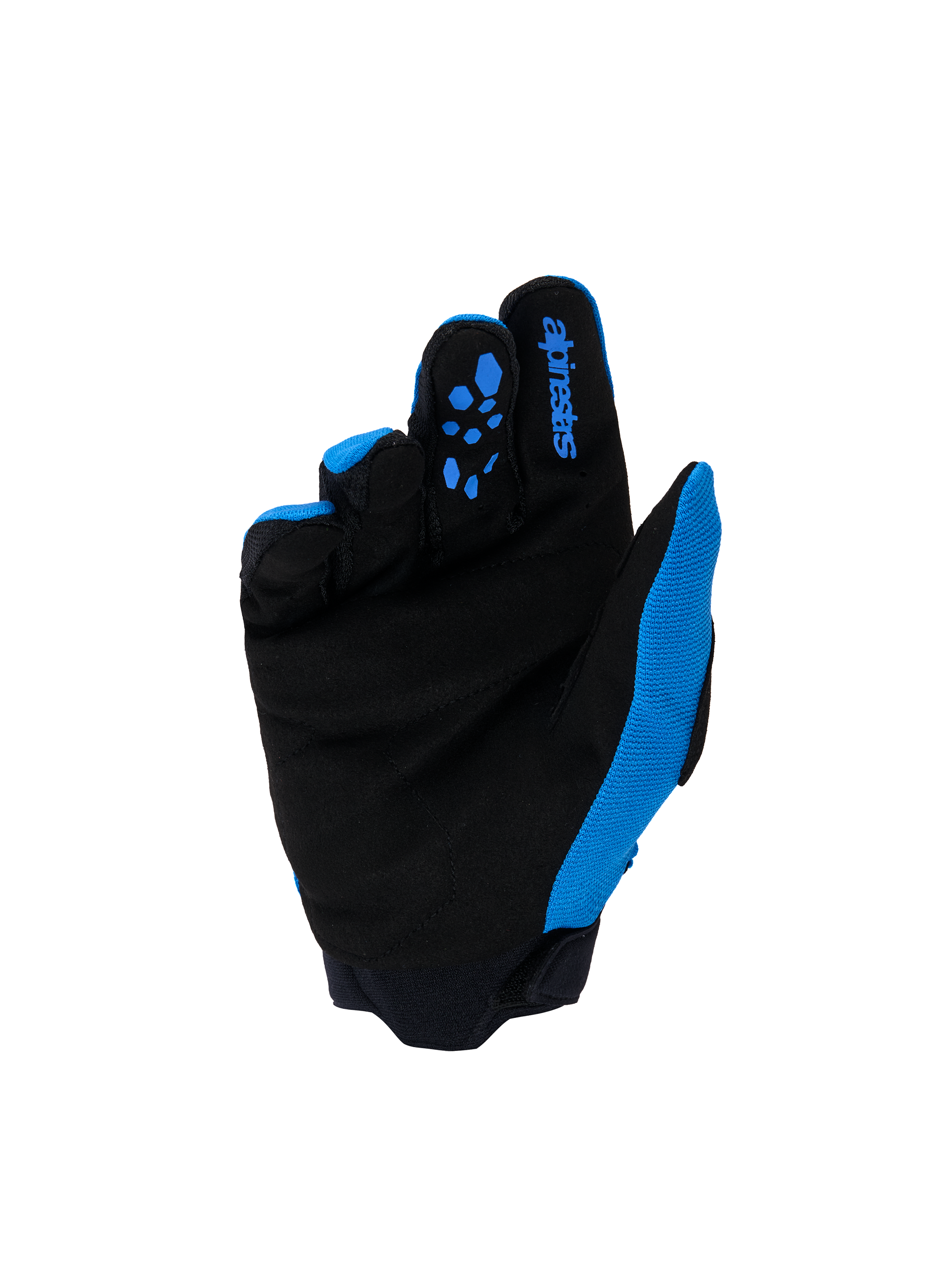 Alpinestars Youth & Kids Full Bore V2 handsker, motocrosshandsker, UCLA blå og sort, håndfladevisning med forstærket sort syntetisk ruskind og blå silikone-gripmønstre på fingrene, blåt Alpinestars-logo på pegefingeren, højtydende off-road-udstyr til unge kørere