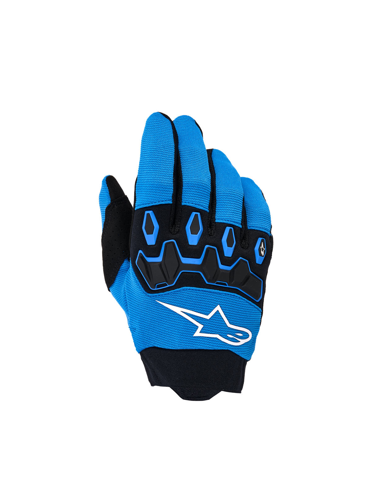 Alpinestars Youth & Kids Full Bore V2 handsker, motocrosshandsker til børn og unge, blå og sort, med sort TPR-knobeskyttelse, hvidt Alpinestars stjerne-logo på baghånden, åndbart strækstof, sportsligt design til off-road kørsel.