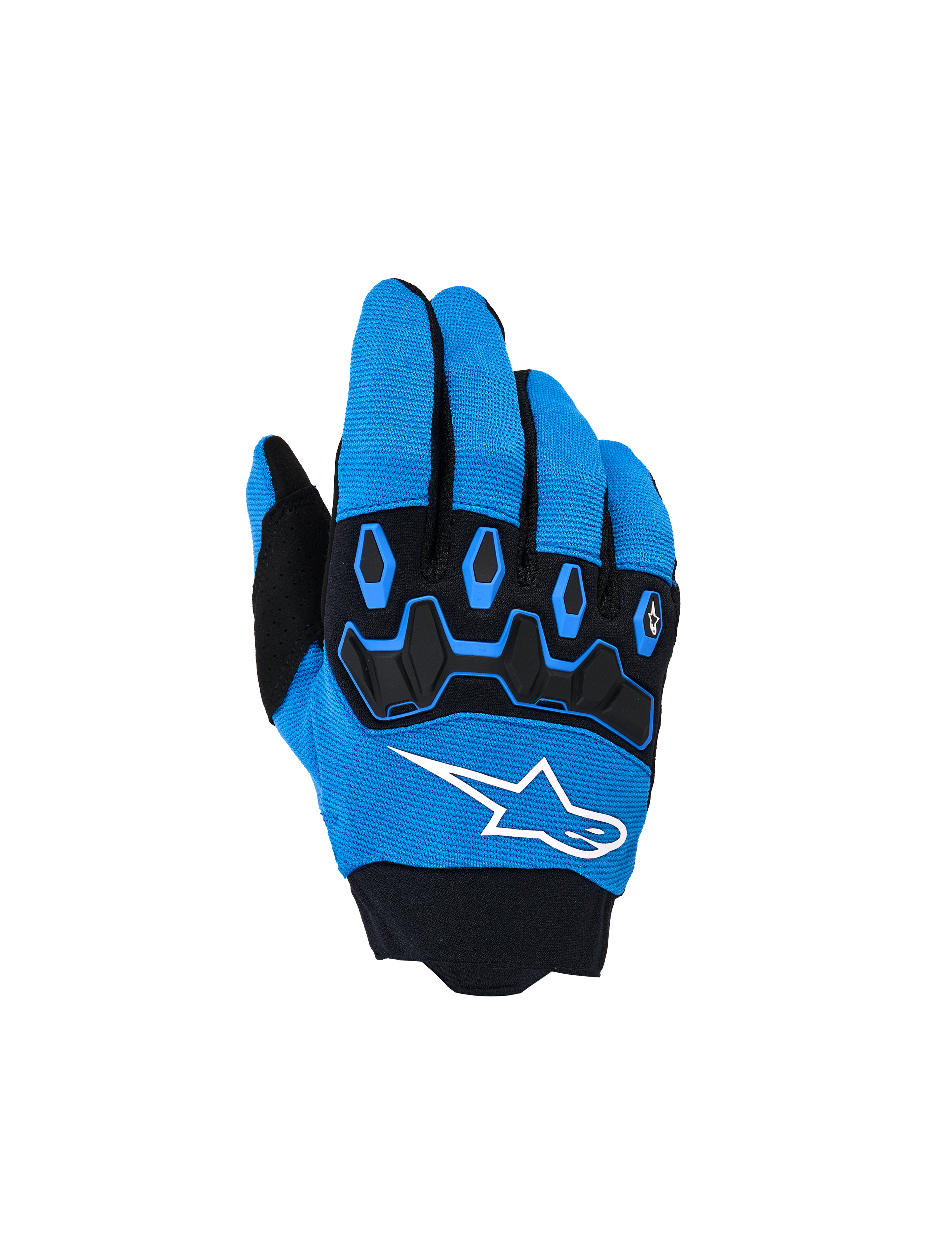 Alpinestars Youth & Kids Full Bore V2 handsker, motocrosshandsker til børn og unge, blå og sort, med sort TPR-knobeskyttelse, hvidt Alpinestars stjerne-logo på baghånden, åndbart strækstof, sportsligt design til off-road kørsel.