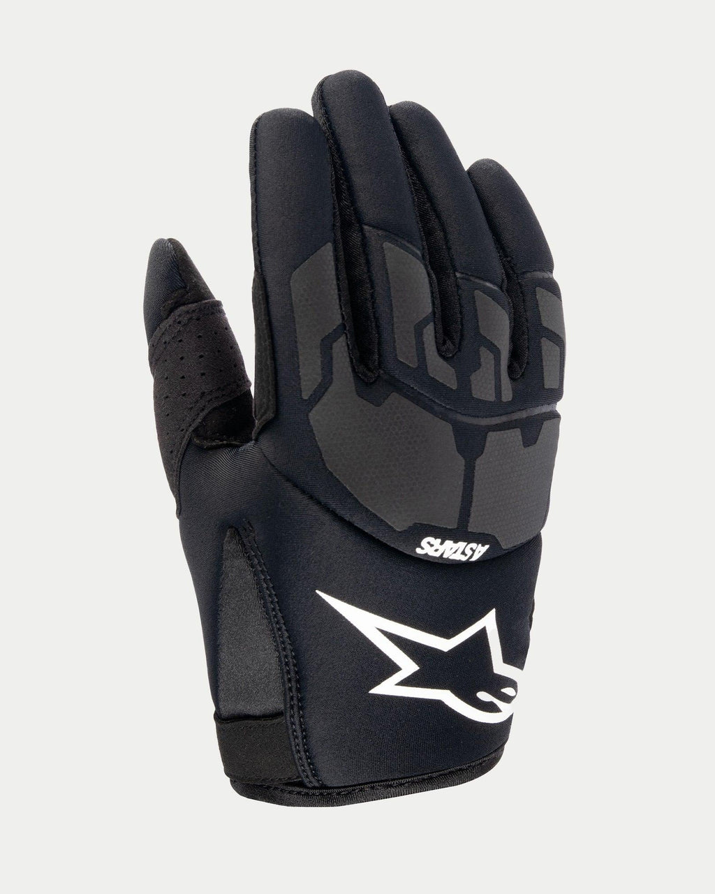 Alpinestars Youth 2024 Thermo Shielder handsker, sorte motocrosshandsker, set fra håndryggen, neoprenkonstruktion, grå laserlaminerede beskyttelsesmønstre, hvidt Alpinestars logo og ASTARS-branding, isoleret til off-road kørsel i køligt vejr