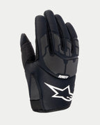 Alpinestars Youth 2024 Thermo Shielder handsker, sorte motocrosshandsker, set fra håndryggen, neoprenkonstruktion, grå laserlaminerede beskyttelsesmønstre, hvidt Alpinestars logo og ASTARS-branding, isoleret til off-road kørsel i køligt vejr