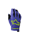 Alpinestars 2026 Youth Radar handsker, motocross- og MTB-handsker til unge, lilla og neon-gul, med et markant neon-gult stjernelogo og branding, sorte detaljer mellem fingrene, letvægts tekstureret stof til off-road racing