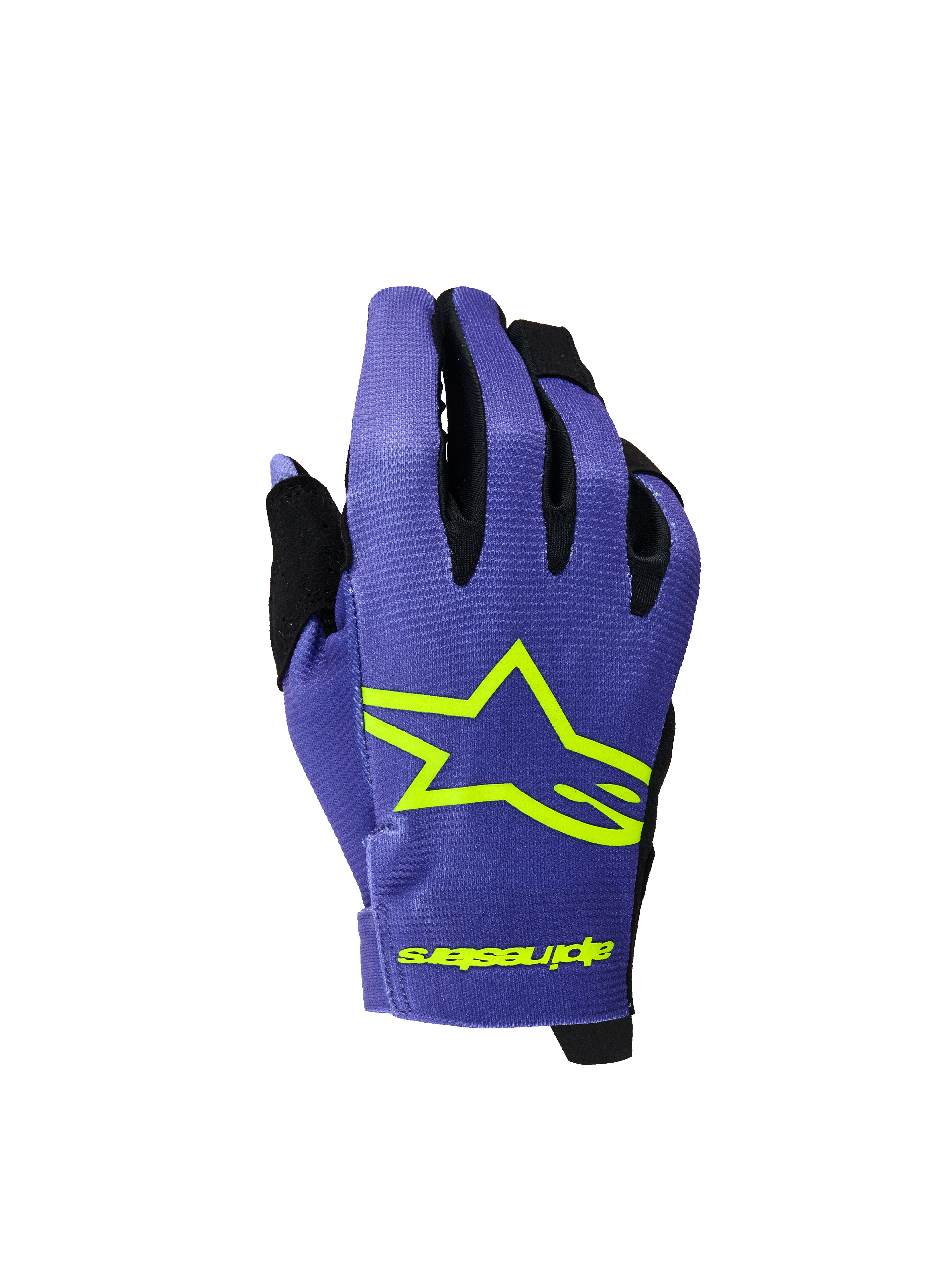 Alpinestars 2026 Youth Radar handsker, motocross- og MTB-handsker til unge, lilla og neon-gul, med et markant neon-gult stjernelogo og branding, sorte detaljer mellem fingrene, letvægts tekstureret stof til off-road racing