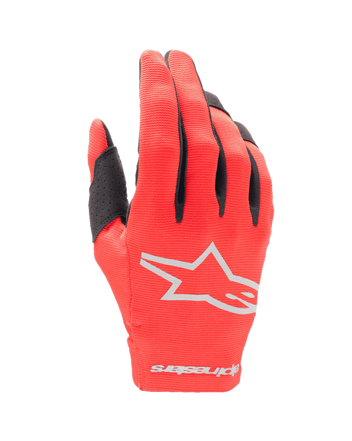 Alpinestars Youth 2024 Radar handsker, motocross-handsker, Mars Red og sølv, set fra bagsiden med hvidt stjerne-logo og tekstlogo på manchetten, letvægts strækstof med sorte detaljer på fingrene, slidstærkt off-road racerudstyr til unge