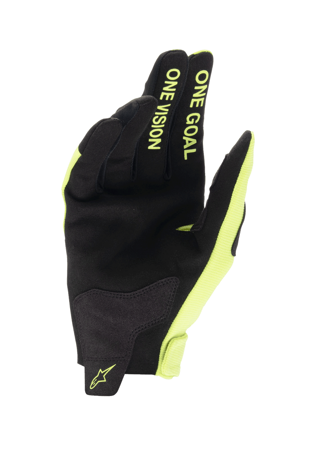 Alpinestars Youth 2024 Radar-handsker, motocross-handsker, sort og gul fluo, visning af håndflade med konstruktion i syntetisk ruskind, "ONE GOAL ONE VISION" tekst på fingrene i fluorescerende gul, holdbart design til off-road racing