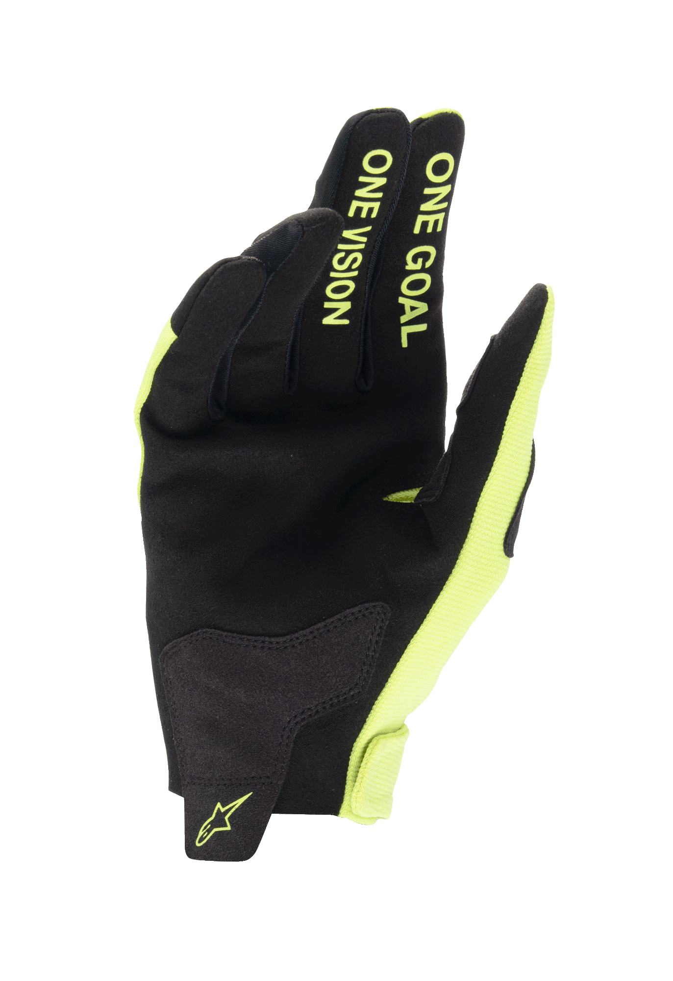 Alpinestars Youth 2024 Radar-handsker, motocross-handsker, sort og gul fluo, visning af håndflade med konstruktion i syntetisk ruskind, "ONE GOAL ONE VISION" tekst på fingrene i fluorescerende gul, holdbart design til off-road racing