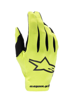 Alpinestars 2024 Youth Radar handsker, motocrosshandsker, gul fluo og sort, med et stort sort stjernelogo på håndryggen, letvægts strækstof med sorte detaljer på fingrene, racerbeskyttelse til unge