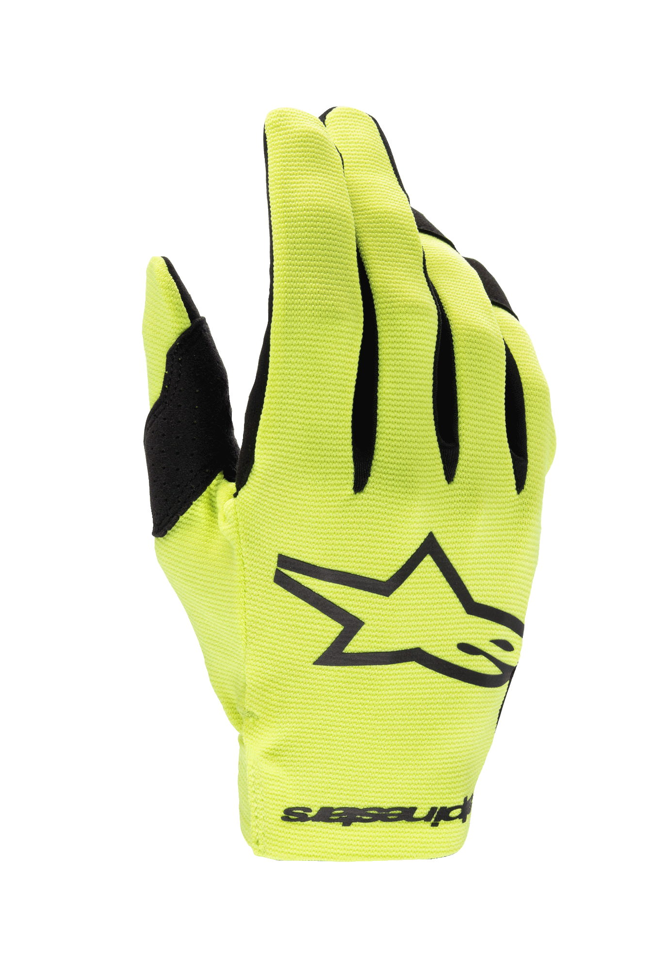Alpinestars 2024 Youth Radar handsker, motocrosshandsker, gul fluo og sort, med et stort sort stjernelogo på håndryggen, letvægts strækstof med sorte detaljer på fingrene, racerbeskyttelse til unge