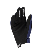 Alpinestars 2025 Youth Radar handsker, motocross-handsker, Night Navy og sort, håndflade i syntetisk ruskind med hvid 'ONE GOAL' og 'ONE VISION' tekst på fingrene, hvidt Astars-logo på håndleddet, enkeltlagskonstruktion til off-road kørsel