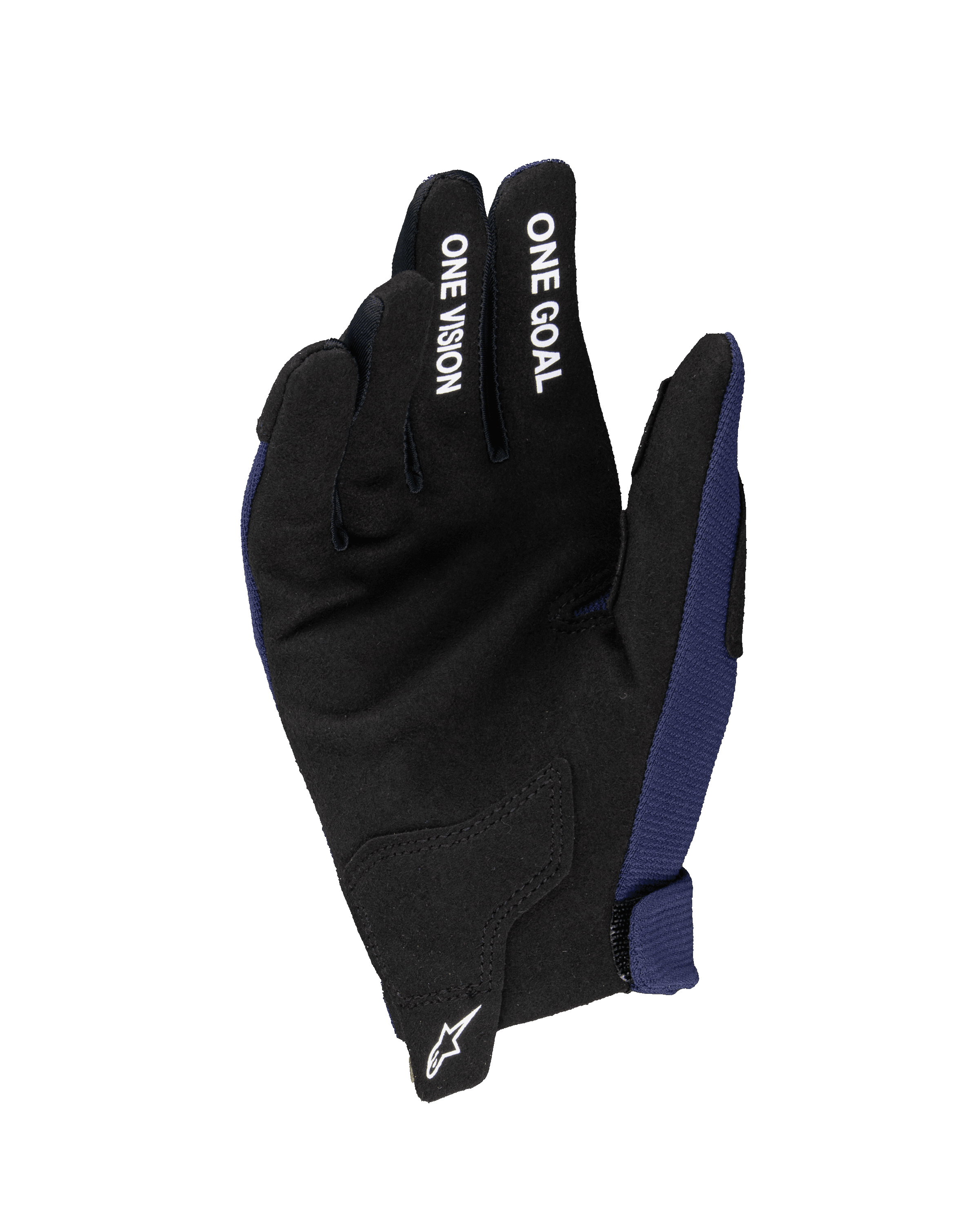Alpinestars 2025 Youth Radar handsker, motocross-handsker, Night Navy og sort, håndflade i syntetisk ruskind med hvid 'ONE GOAL' og 'ONE VISION' tekst på fingrene, hvidt Astars-logo på håndleddet, enkeltlagskonstruktion til off-road kørsel