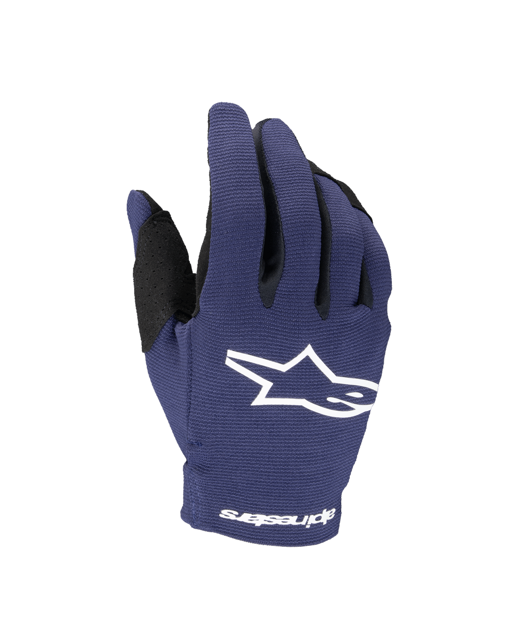 Alpinestars 2025 Youth Radar handsker, motocrosshandsker til unge, mørkeblå og hvid, med hvidt stjernelogo på håndryggen og Alpinestars-tekst på håndleddet, enkeltlags strækkonstruktion til off-road racing