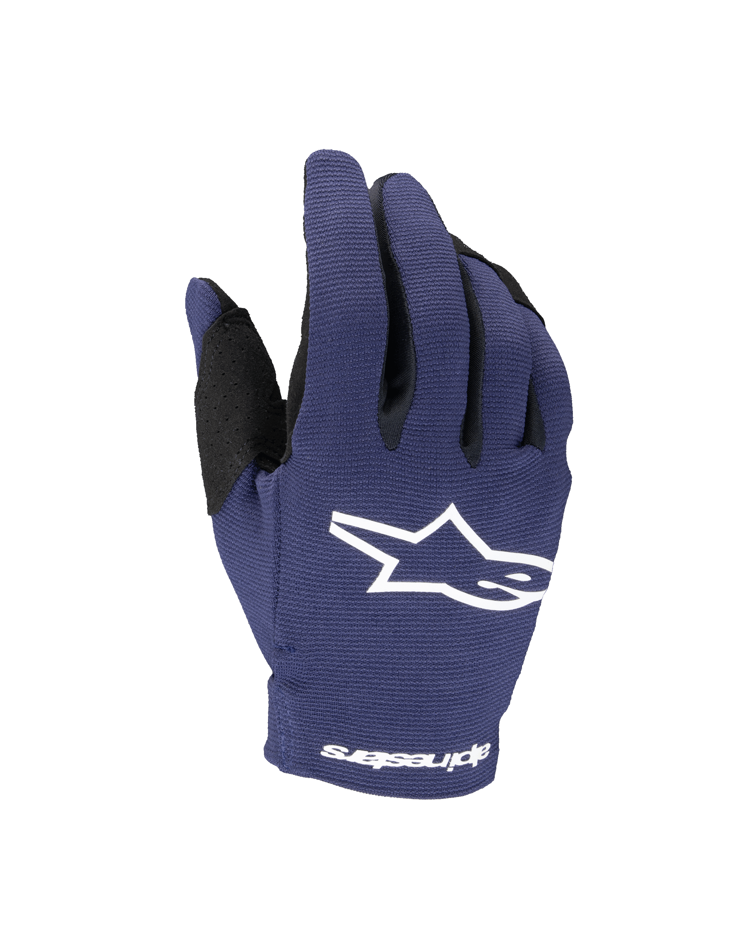 Alpinestars 2025 Youth Radar handsker, motocrosshandsker til unge, mørkeblå og hvid, med hvidt stjernelogo på håndryggen og Alpinestars-tekst på håndleddet, enkeltlags strækkonstruktion til off-road racing