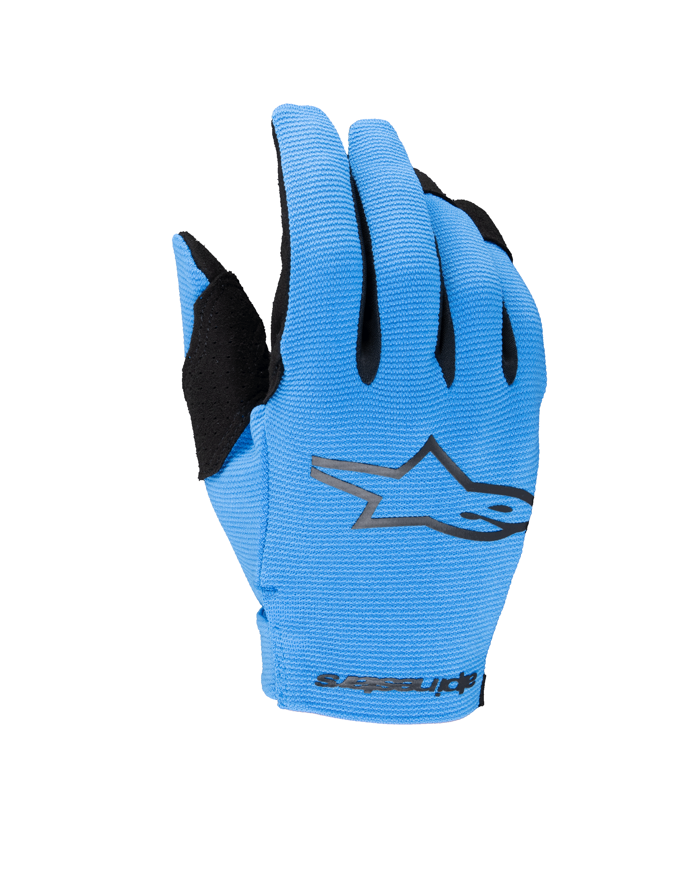 Alpinestars 2025 Youth Radar Gloves, Motocross Off-Road Gloves, Blue and Black, featuring a textured light blue backhand with a black star logo and Alpinestars branding on the wrist, youth motorcycle gloves