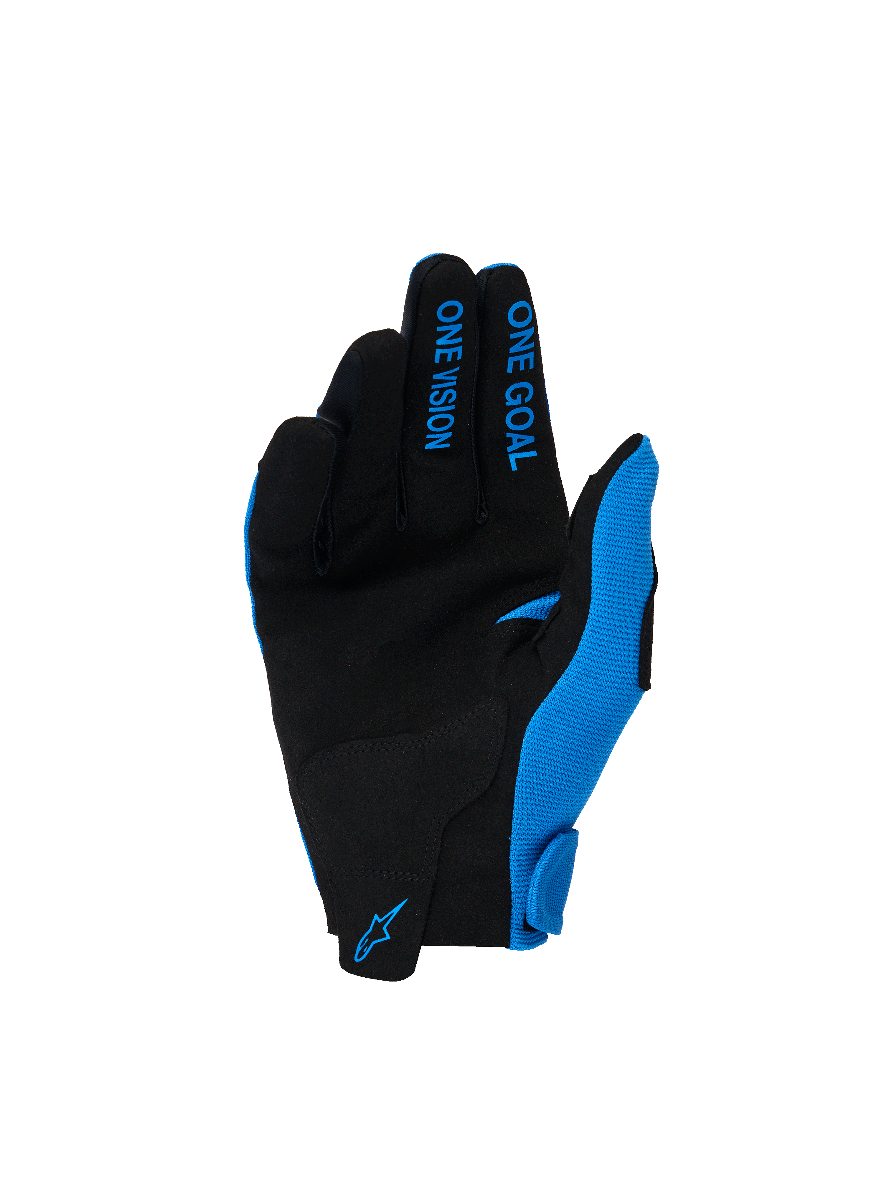 Alpinestars 2026 Youth Radar handsker, motocrosshandsker, Ucla Blue og hvid, sort håndflade i syntetisk ruskind, blå 'ONE GOAL' og 'ONE VISION' tekst på fingrene, blåt Alpinestars-logo på håndleddet, designet til off-road performance