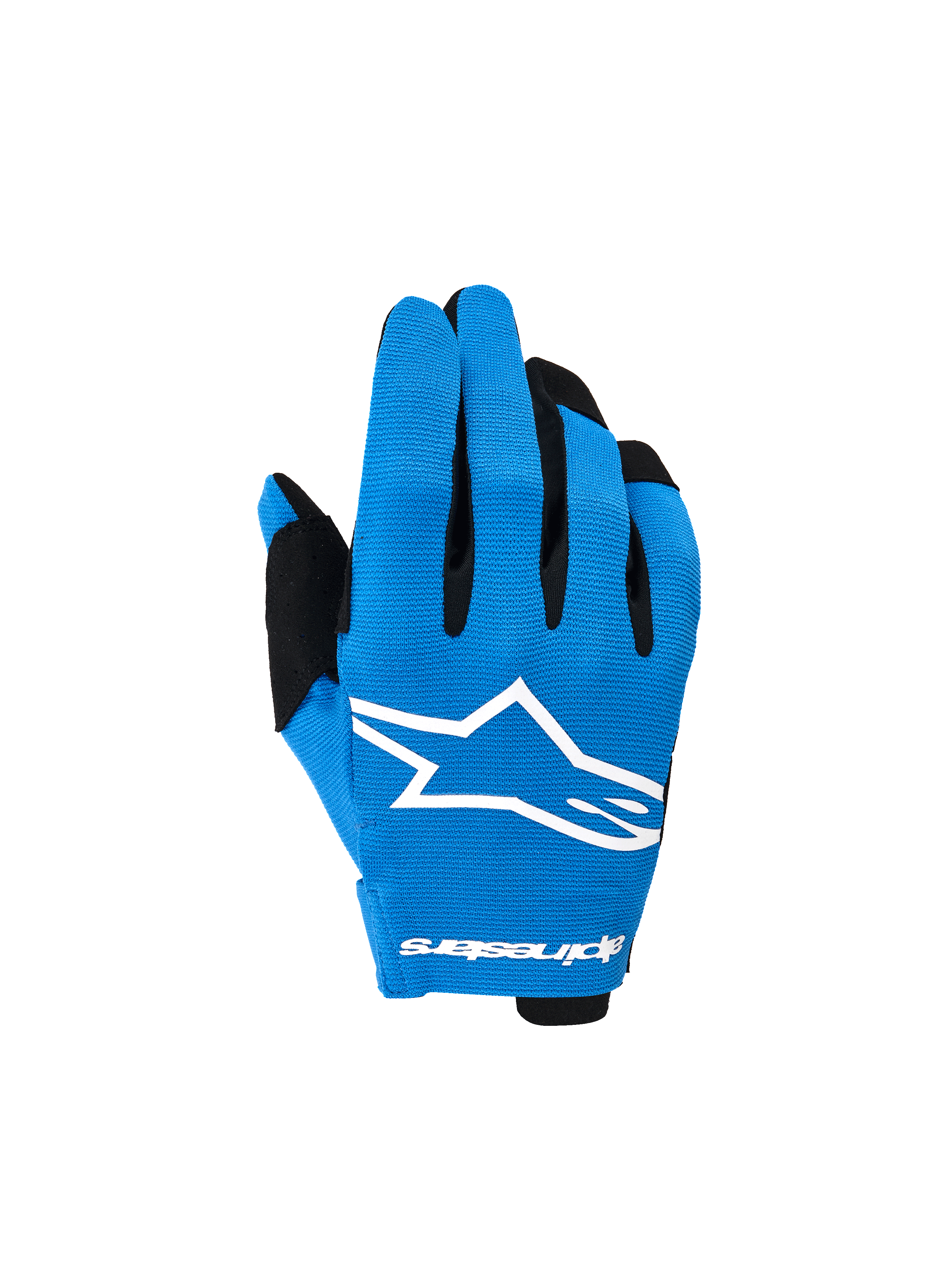 Alpinestars 2026 Youth Radar handsker, motocross-handsker, Ucla Blue og sort, med et markant hvidt stjerne-logo på håndryggen, sorte detaljer på fingrene og letvægts strækbar konstruktion til off-road kørsel
