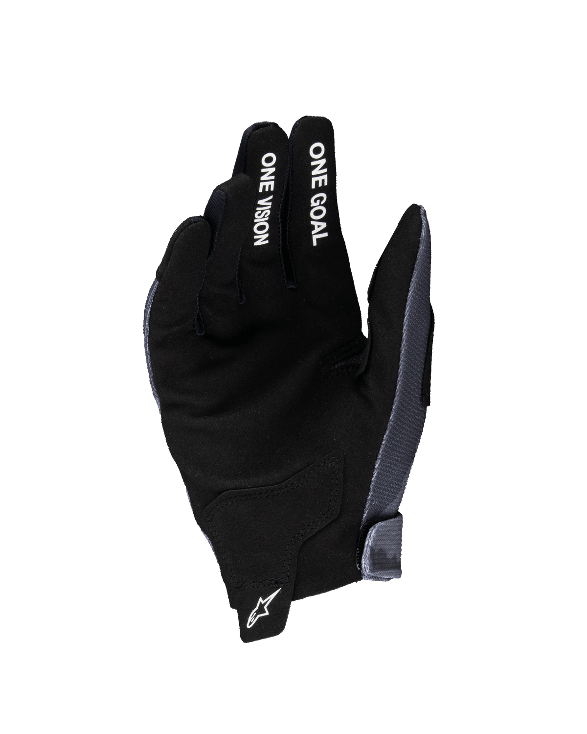 Alpinestars 2025 Youth Radar handsker, motocross-handsker, grå og sort, set fra håndfladen med syntetisk ruskindsmateriale, hvid 'ONE GOAL' og 'ONE VISION' tekst på fingrene, hvidt stjernelogo på trækflig ved håndleddet, specialiseret til off-road racing til unge