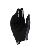 Alpinestars 2025 Youth Radar handsker, motocross-handsker, grå og sort, set fra håndfladen med syntetisk ruskindsmateriale, hvid 'ONE GOAL' og 'ONE VISION' tekst på fingrene, hvidt stjernelogo på trækflig ved håndleddet, specialiseret til off-road racing til unge