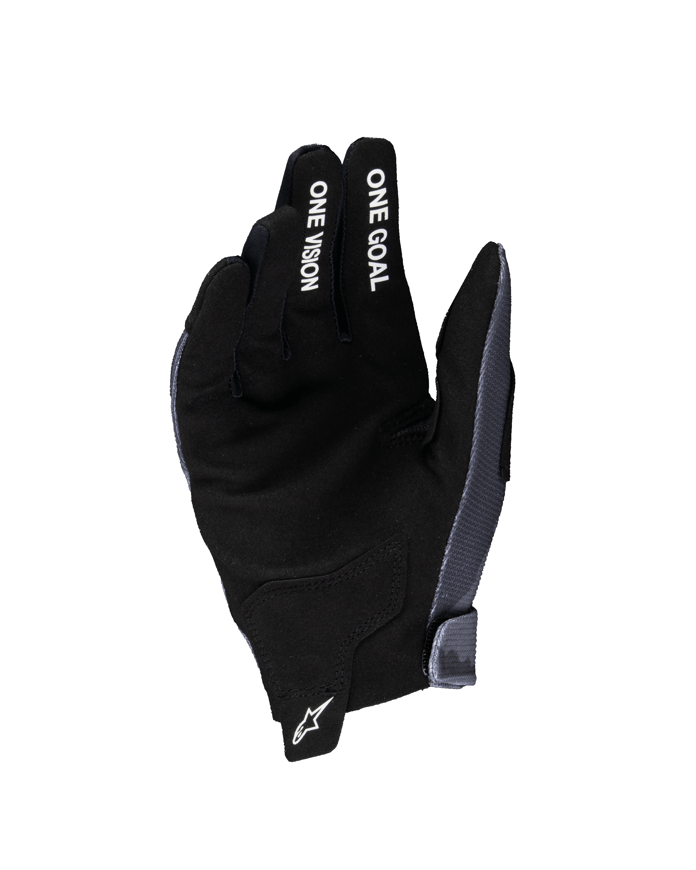 Alpinestars 2025 Youth Radar handsker, motocross-handsker, grå og sort, set fra håndfladen med syntetisk ruskindsmateriale, hvid 'ONE GOAL' og 'ONE VISION' tekst på fingrene, hvidt stjernelogo på trækflig ved håndleddet, specialiseret til off-road racing til unge