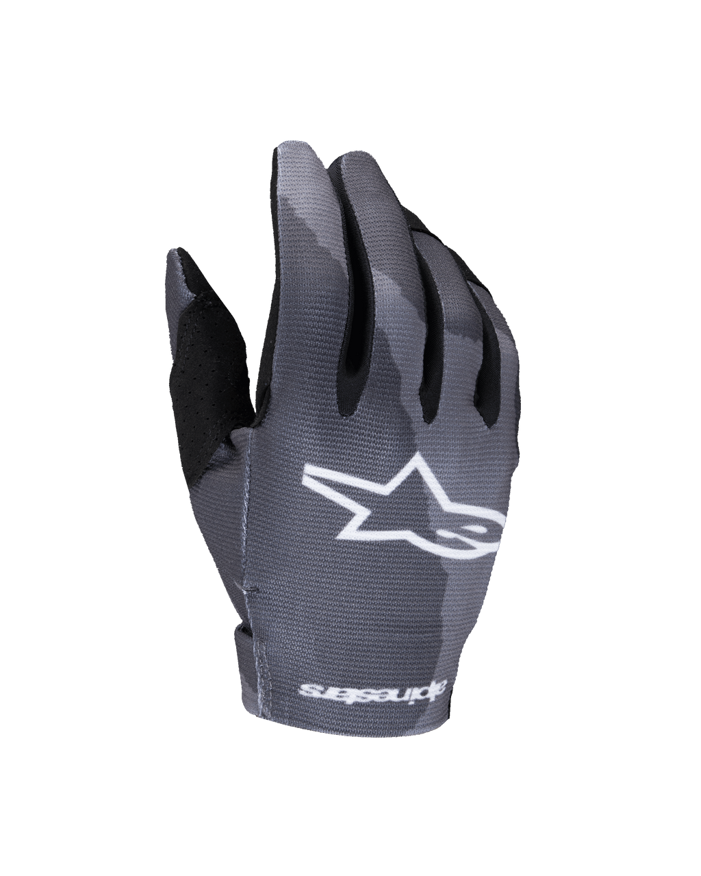 Alpinestars 2025 Youth Radar handsker, motocross-handsker til børn, grå mørk camouflage, hvidt stjernelogo på håndryggen, sublimeret camouflagemønster, sort tommelfingerforstærkning, letvægtskonstruktion til off-road racing