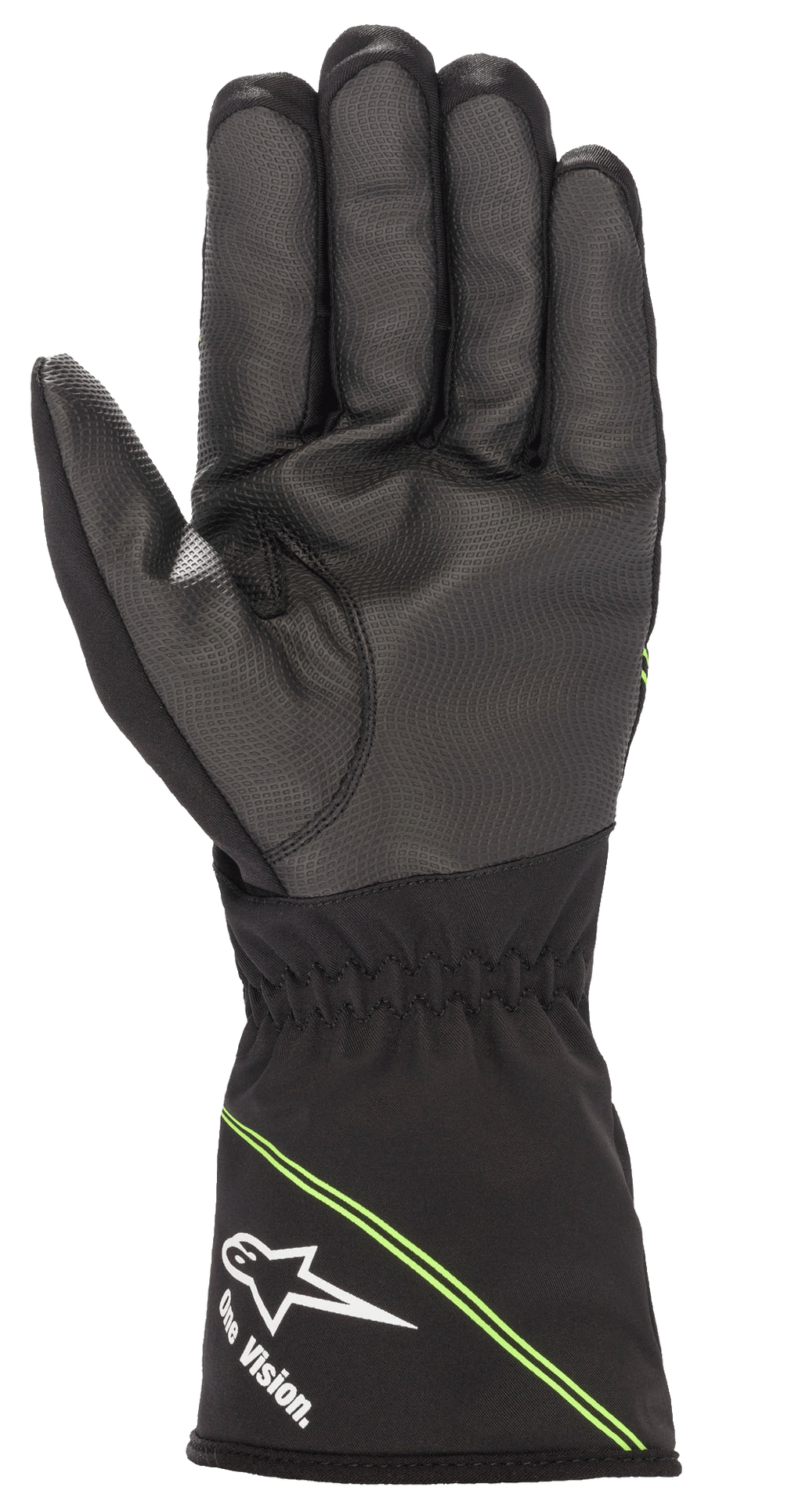 Alpinestars Youth Tempest V2 vandtætte handsker, gokarthandsker, sort med fluorescerende grønne detaljer, håndfladevisning der viser tekstureret gummikomposit for forbedret greb, lang manchet med hvidt Alpinestars-logo og 'One Vision.'-branding, diagonale grønne striber, designet til racerløb i vådt vejr