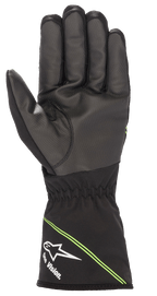 Alpinestars Youth Tempest V2 vandtætte handsker, gokarthandsker, sort med fluorescerende grønne detaljer, håndfladevisning der viser tekstureret gummikomposit for forbedret greb, lang manchet med hvidt Alpinestars-logo og 'One Vision.'-branding, diagonale grønne striber, designet til racerløb i vådt vejr