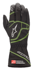 Alpinestars Youth Tempest V2 vandtætte handsker, sort med fluorescerende grønne detaljer, med lang manchet og elastisk håndled, hvide stjernelogoer på fingre og håndryggen, vandtæt tekstilkonstruktion til gokart for unge