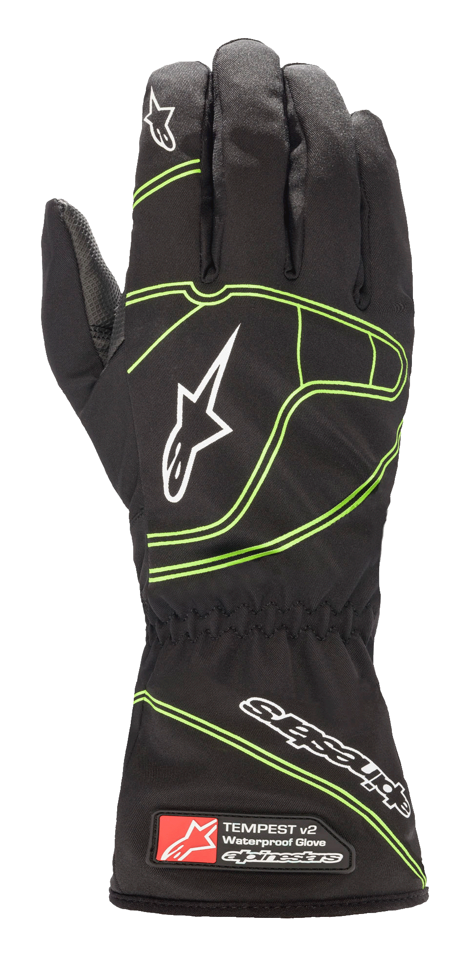 Alpinestars Youth Tempest V2 vandtætte handsker, sort med fluorescerende grønne detaljer, med lang manchet og elastisk håndled, hvide stjernelogoer på fingre og håndryggen, vandtæt tekstilkonstruktion til gokart for unge