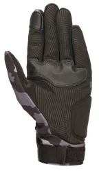 Alpinestars Youth Reef Gloves, Black Gray Camo, palm view showing synthetic suede with textured grip, camo pattern on thumb and wrist, touchscreen-compatible index finger, urban riding motorcycle gloves