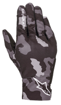 Alpinestars Youth Reef Gloves, Urban Motorcycle Gloves, Black Gray Camo, backhand view featuring a gray camouflage pattern with white Alpinestars branding on the wrist and index finger, lightweight stretch textile construction