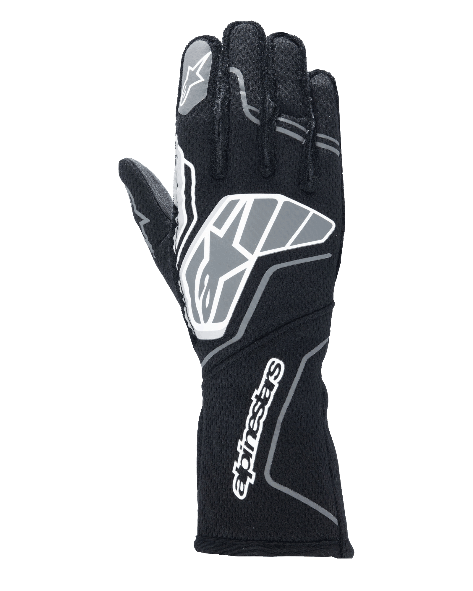 Alpinestars Tech-1 ZX V4 handsker, racinghandsker til motorsport, sort og antracitgrå, med et stort stjernelogo på baghånden og Alpinestars-navnetræk på den lange manchet, stjernelogo på pegefingeren, professionel flammehæmmende konstruktion